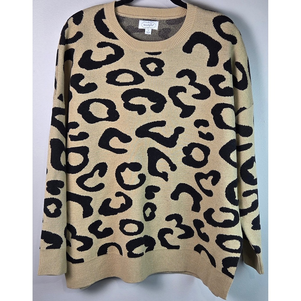 Mud Pie Sweater‎ Womens S Tan Excellent Leopard Print Oversized Knit XRISS-09119